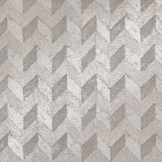 Pale linen-grey wallpaper with mottled white chevrons forming a faceted zigzag