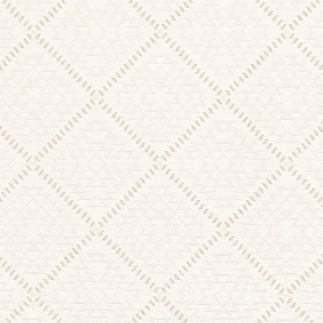 Warm ivory fabric with pale beige diamond lattice and fine angular woven motifs