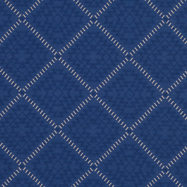 Deep blue woven diamonds with ivory dash outlines and subtle angular texture