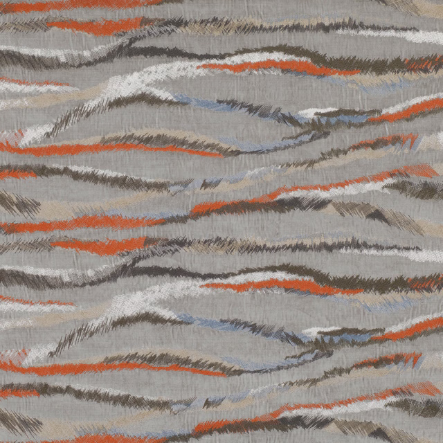 Cool grey textile with rust-orange, charcoal and pale blue painterly horizontal bands
