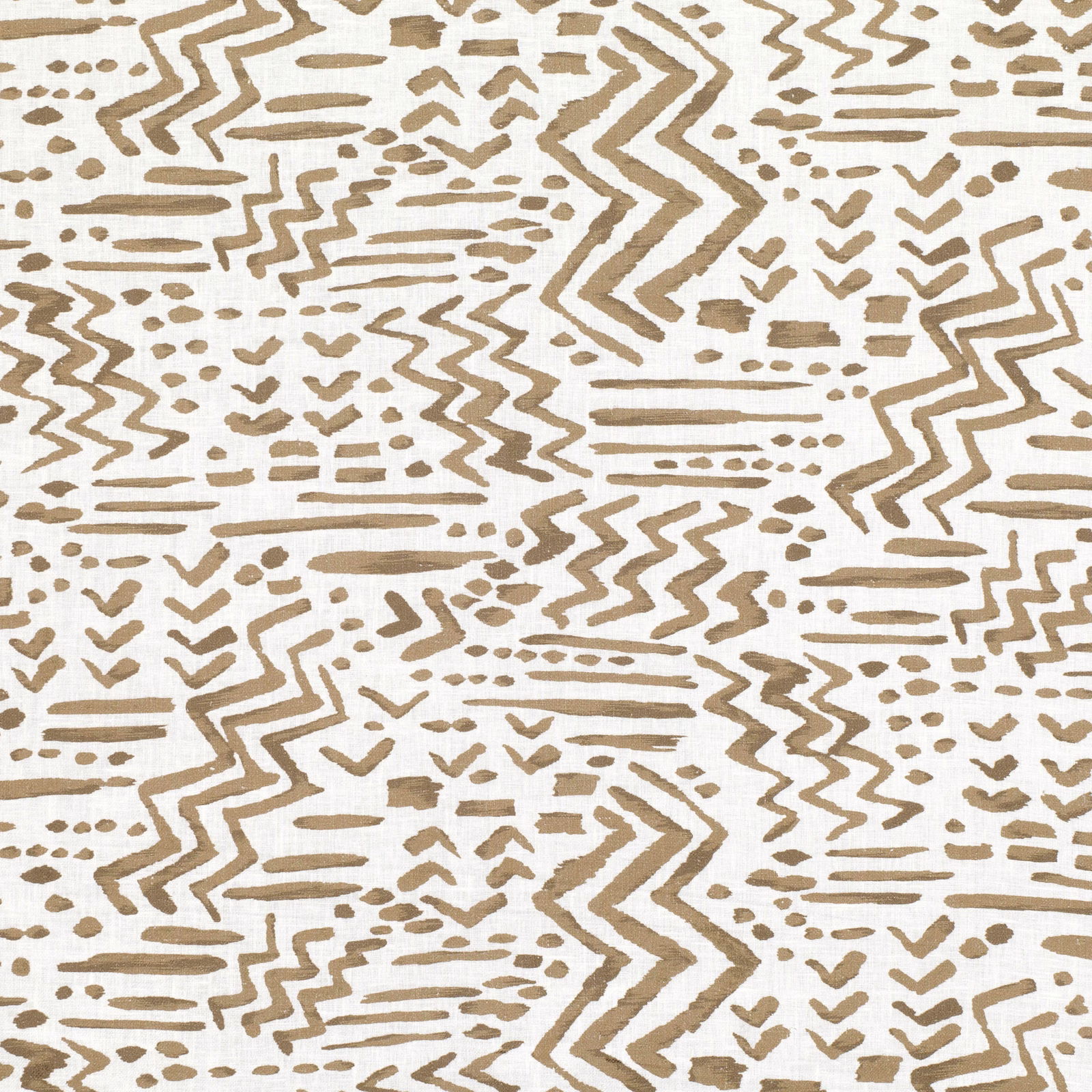 Cream textile with warm tobacco zigzags, dashes, chevrons and scattered marks