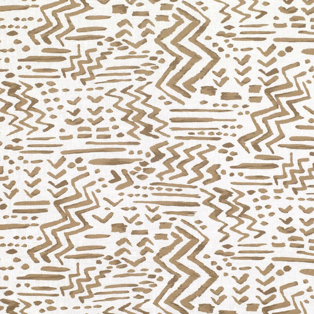 Cream textile with warm tobacco zigzags, dashes, chevrons and scattered marks