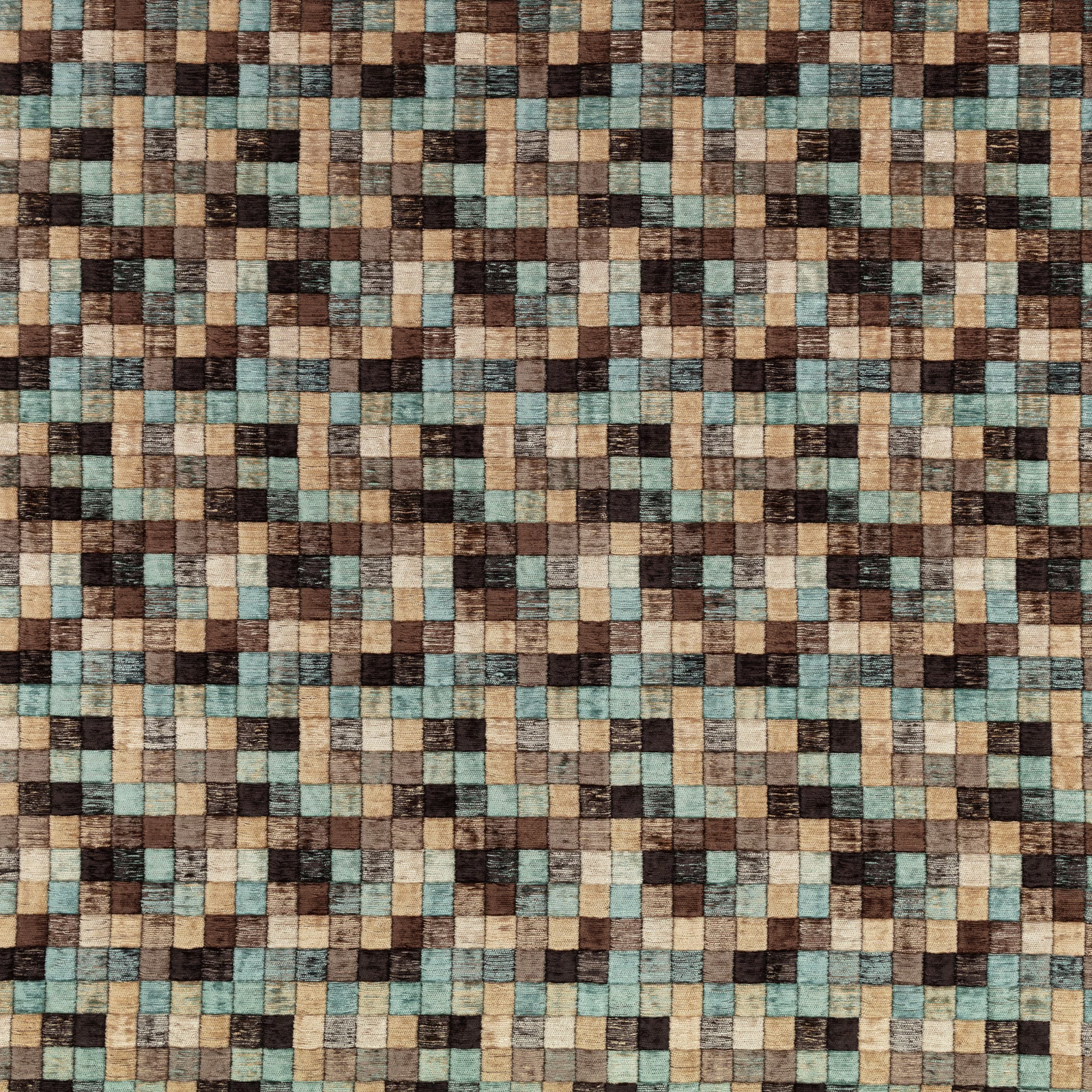 Close-up of muted teal, brown, cream and charcoal small-check woven textile