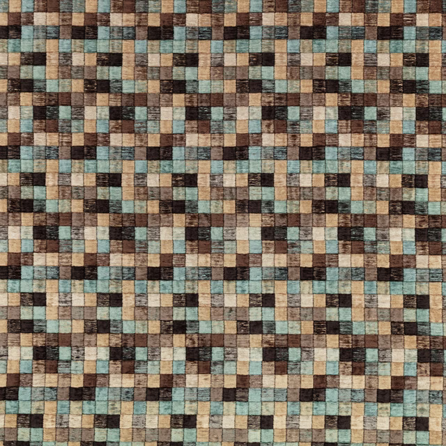 Close-up of muted teal, brown, cream and charcoal small-check woven textile