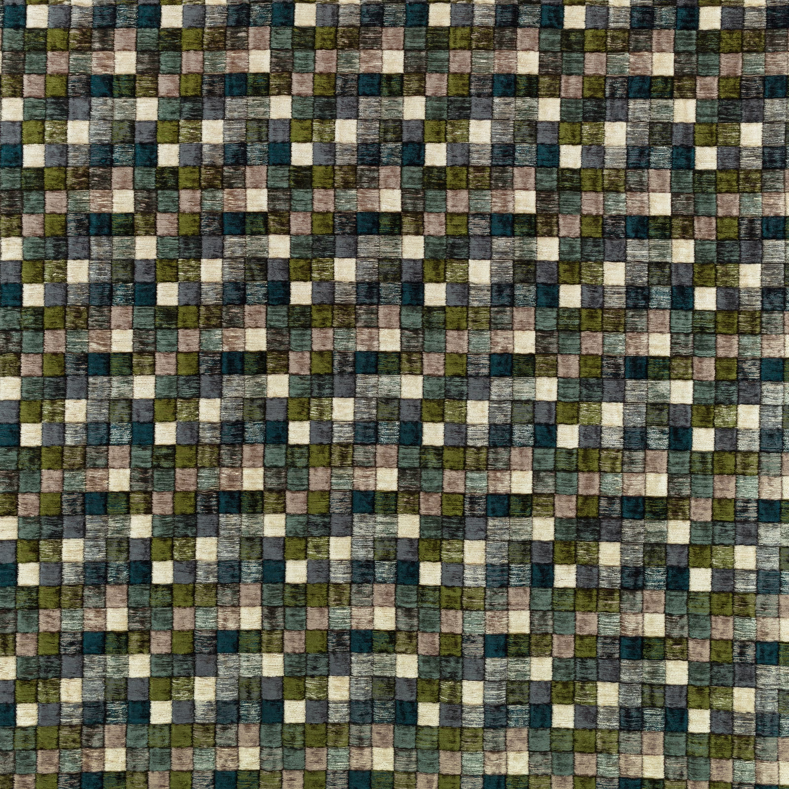 Close-up of teal, olive and charcoal woven checks with pale cream highlights
