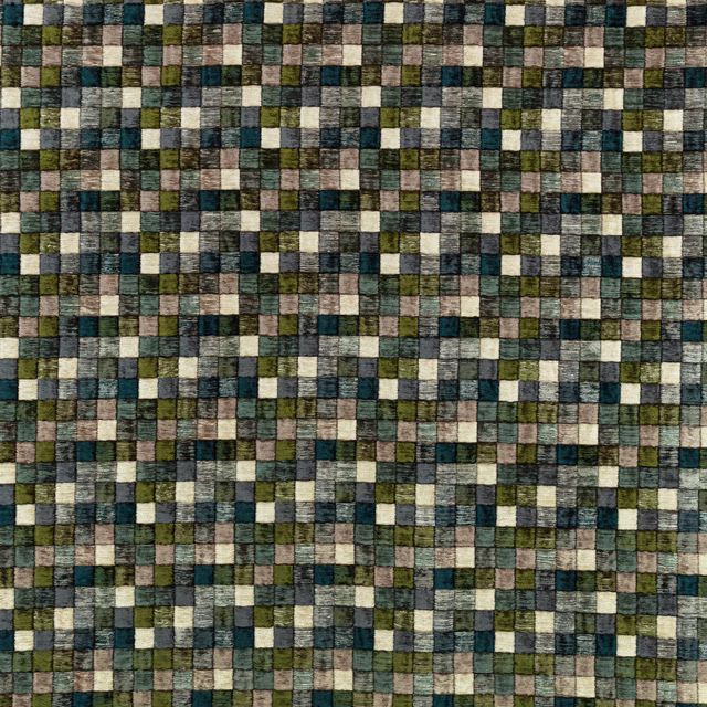 Close-up of teal, olive and charcoal woven checks with pale cream highlights