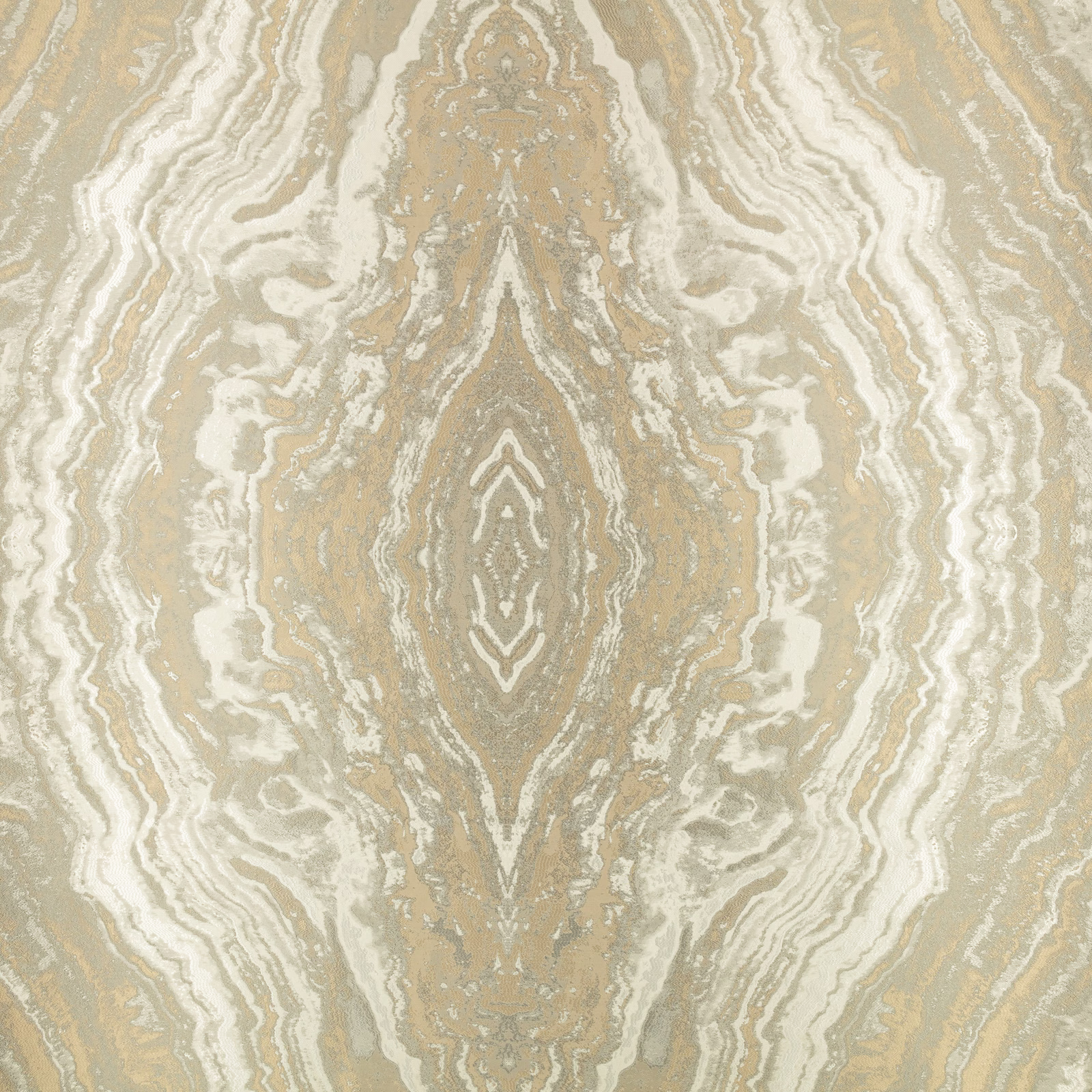 Warm caramel-beige marbled textile with cream ripples and a symmetrical central motif