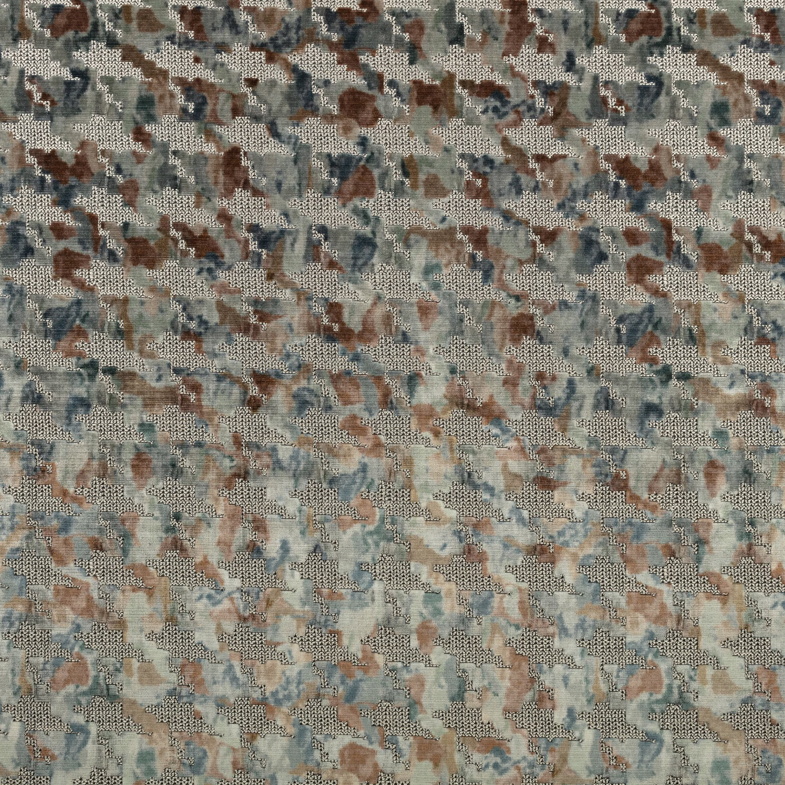 Muted blue-green woven upholstery with grey, taupe and brown abstract flecks