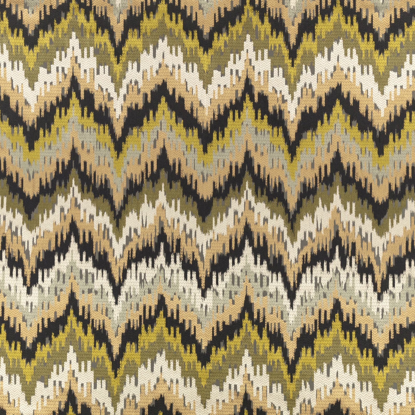 Olive, cream and charcoal woven textile with bold stepped zigzag pattern