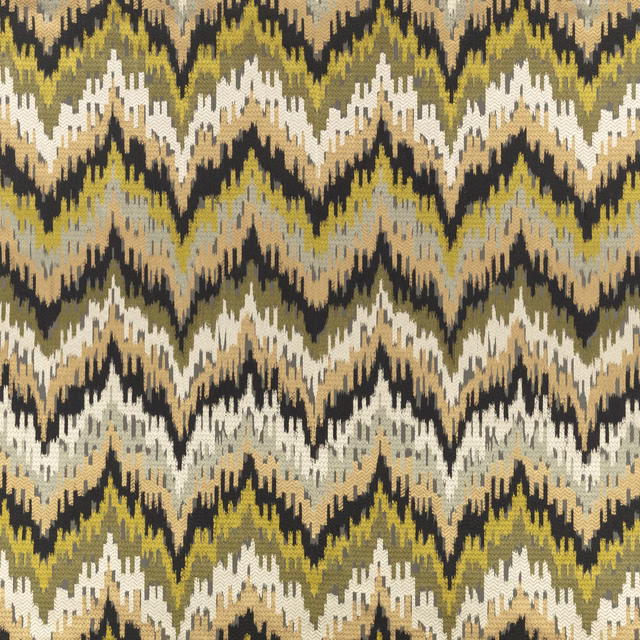 Olive, cream and charcoal woven textile with bold stepped zigzag pattern
