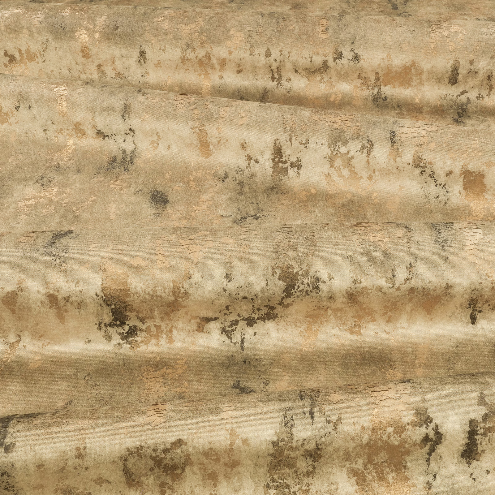 Antique bronze fabric with distressed taupe bands and mottled metallic texture