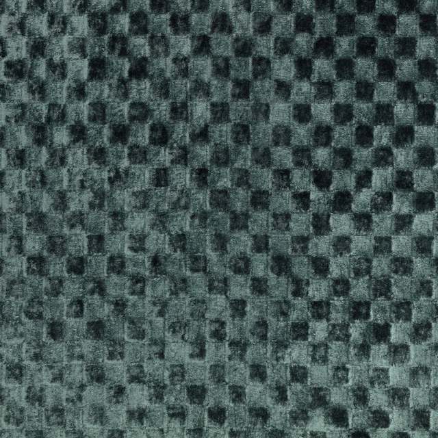 Close-up of deep smoky teal woven checks with charcoal square accents and mottled texture