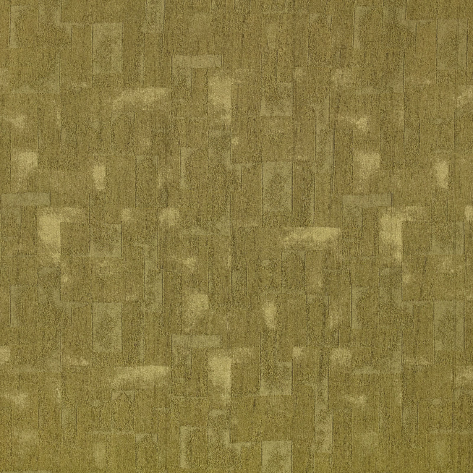 Cypress olive textured fabric with layered abstract rectangular patchwork and weathered golden highlights