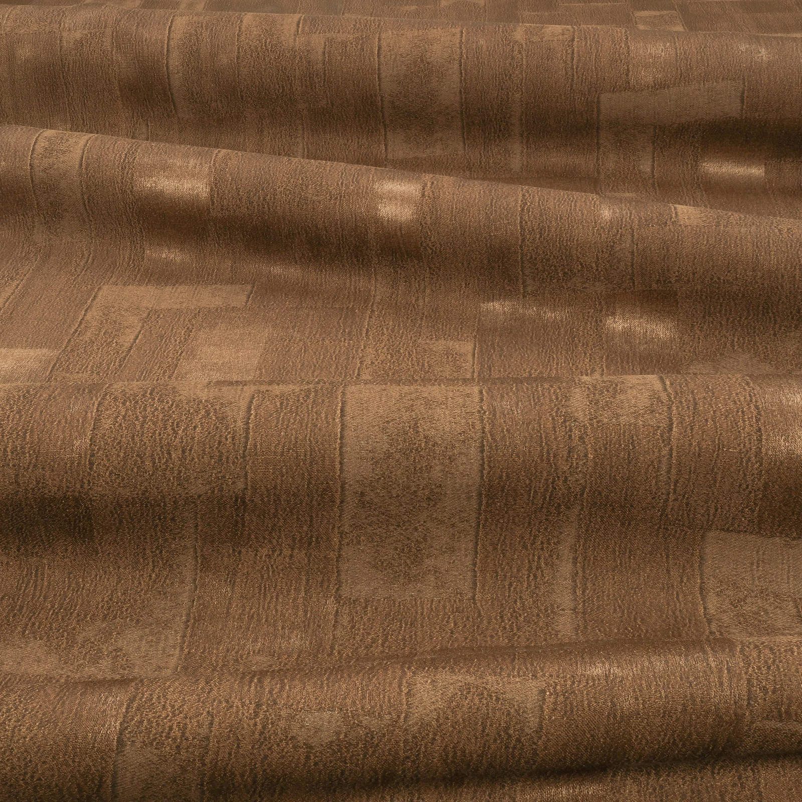 Warm teak-brown textile with tonal rectangular panels and a soft directional sheen