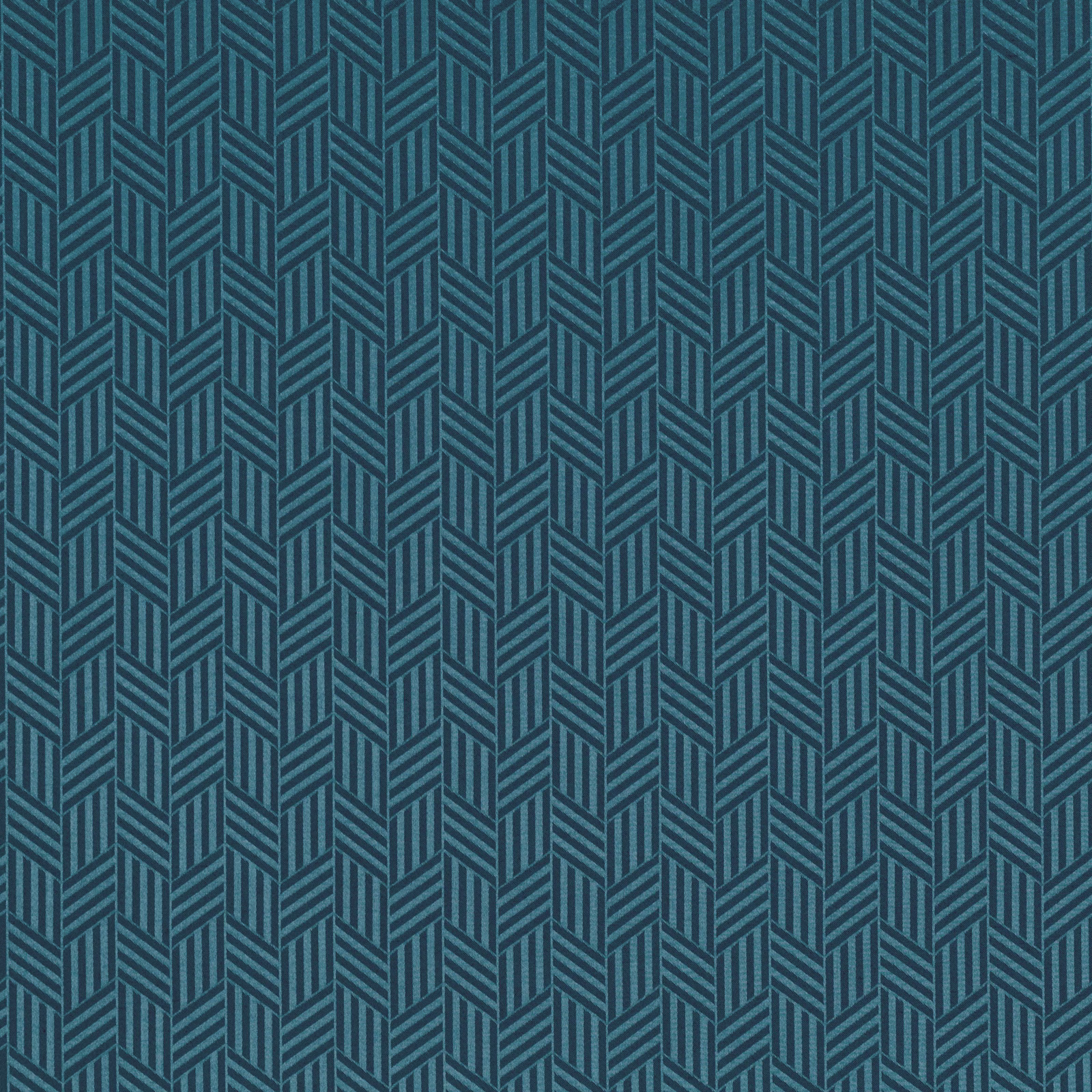 Deep teal fabric with fine blue chevron stripes in a woven geometric repeat
