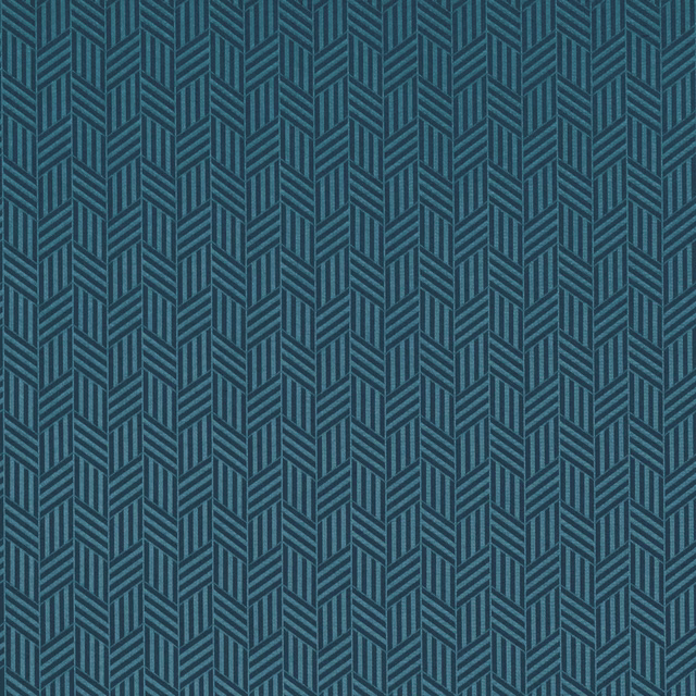Deep teal fabric with fine blue chevron stripes in a woven geometric repeat