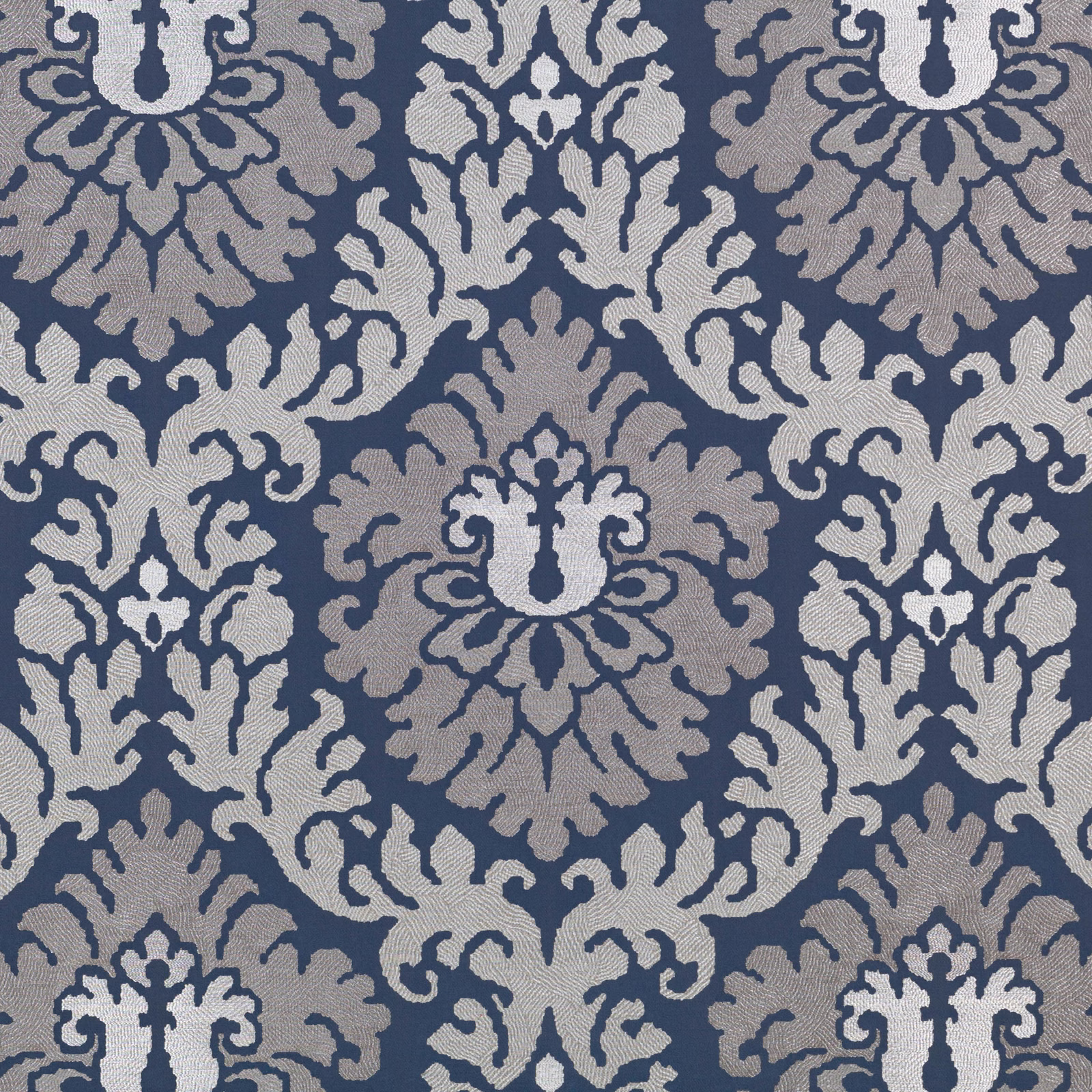 Cool carbon-blue damask with pale grey scrolling floral motifs and woven texture