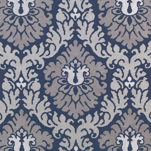 Cool carbon-blue damask with pale grey scrolling floral motifs and woven texture