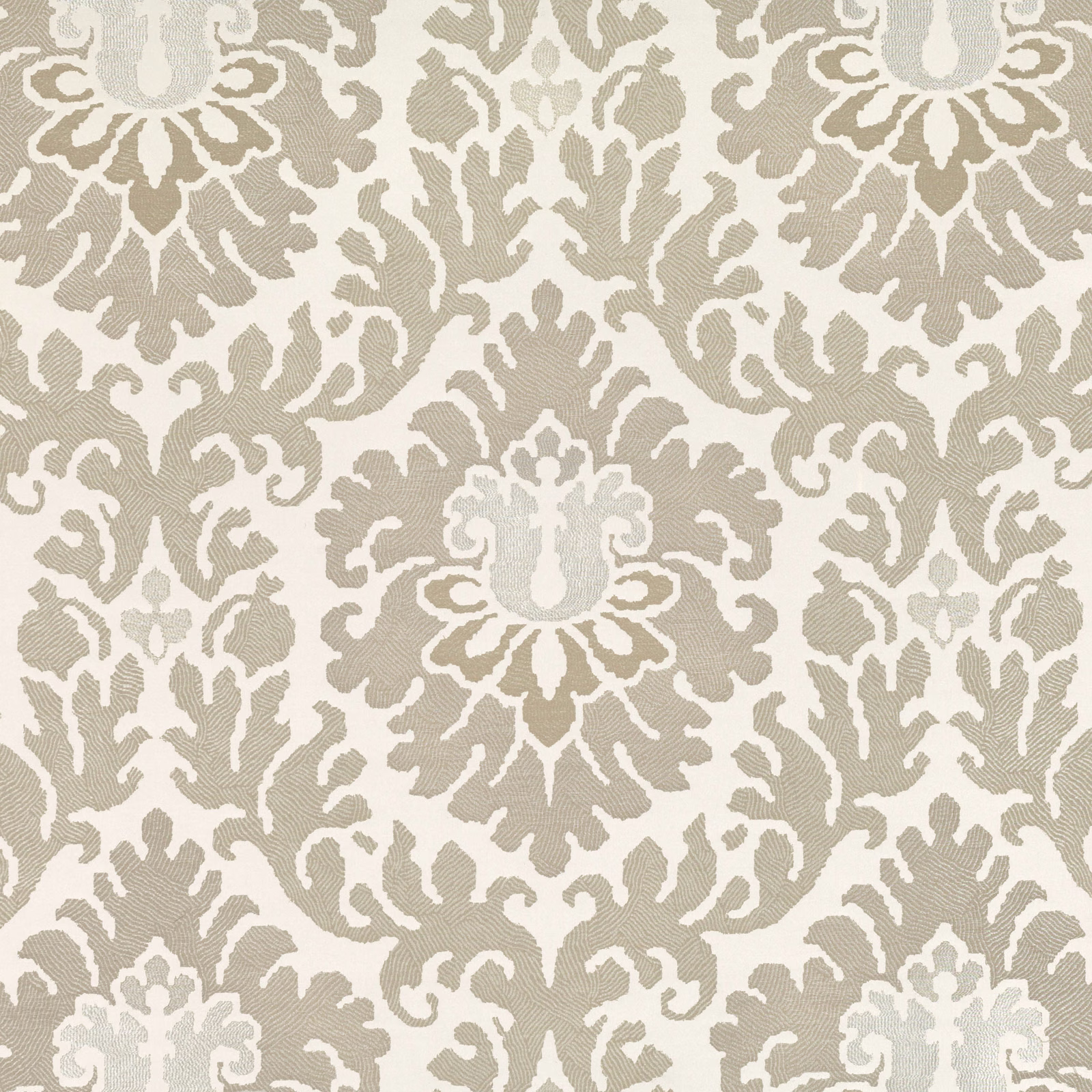 Taupe and ivory woven damask with ornate symmetrical floral motifs