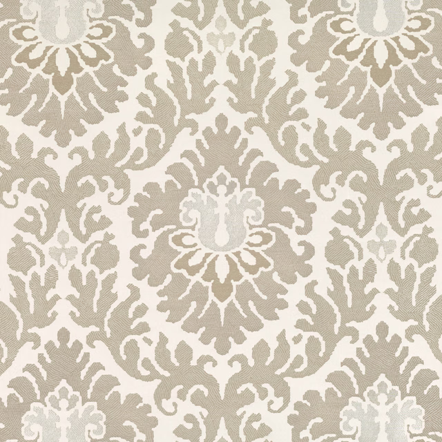 Taupe and ivory woven damask with ornate symmetrical floral motifs