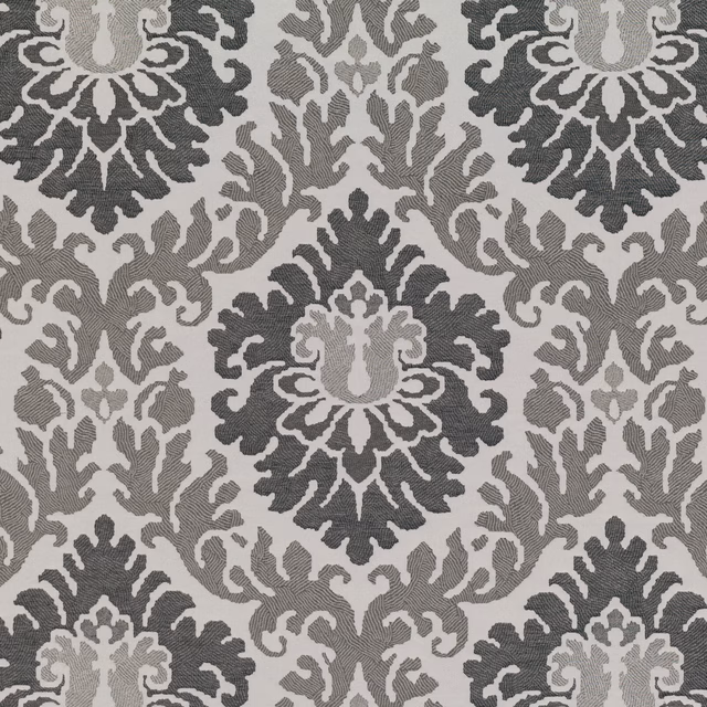 Silver grey woven damask with charcoal medallions and pale curling foliage
