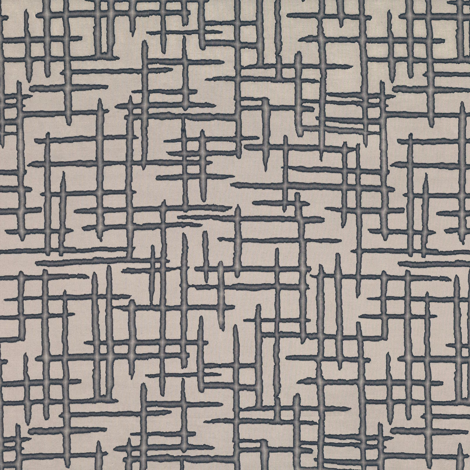 Pale grey textile with dense carbon-blue, hand-drawn intersecting linear bars