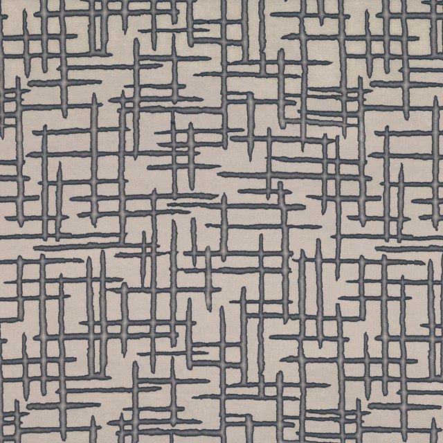 Pale grey textile with dense carbon-blue, hand-drawn intersecting linear bars
