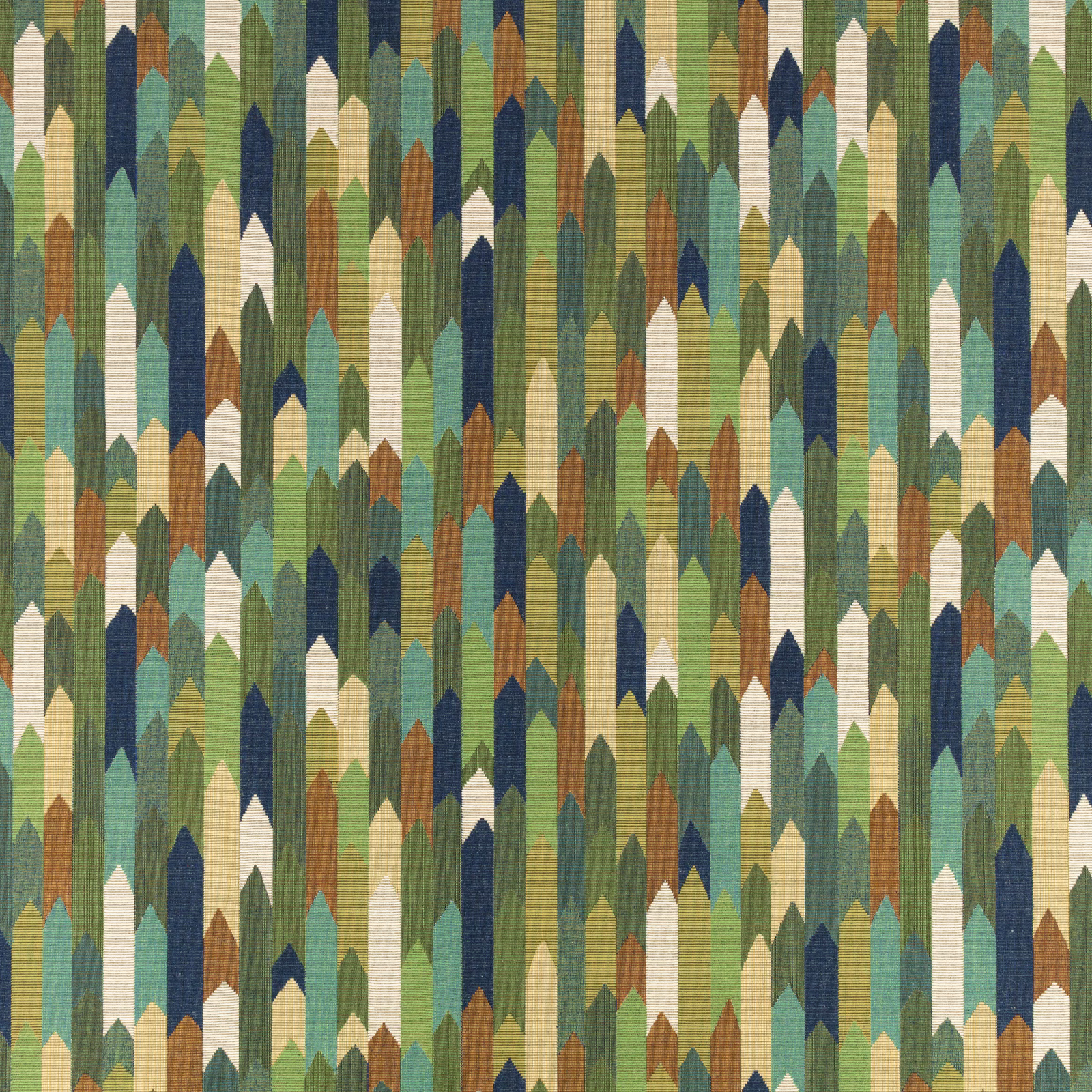 Peacock teal, olive, navy and rust pointed motifs in a textured woven fabric