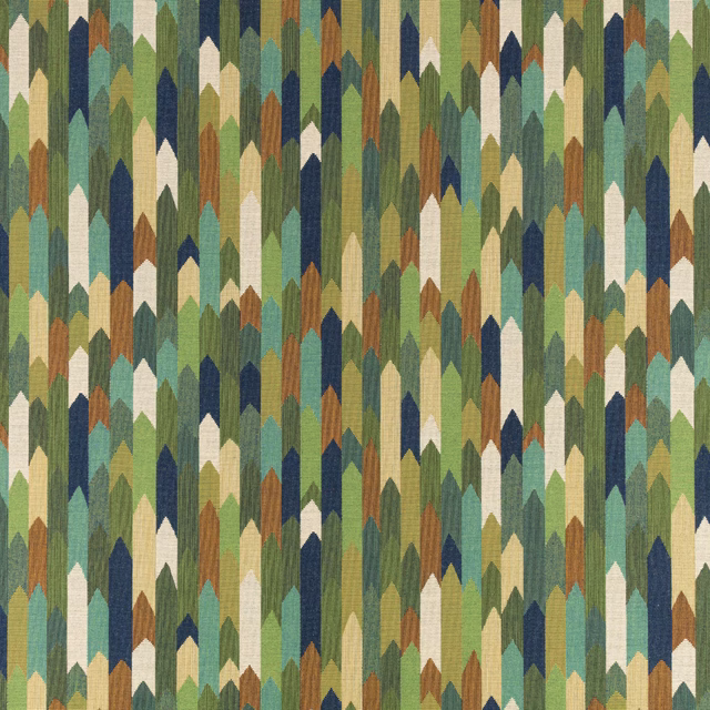 Peacock teal, olive, navy and rust pointed motifs in a textured woven fabric