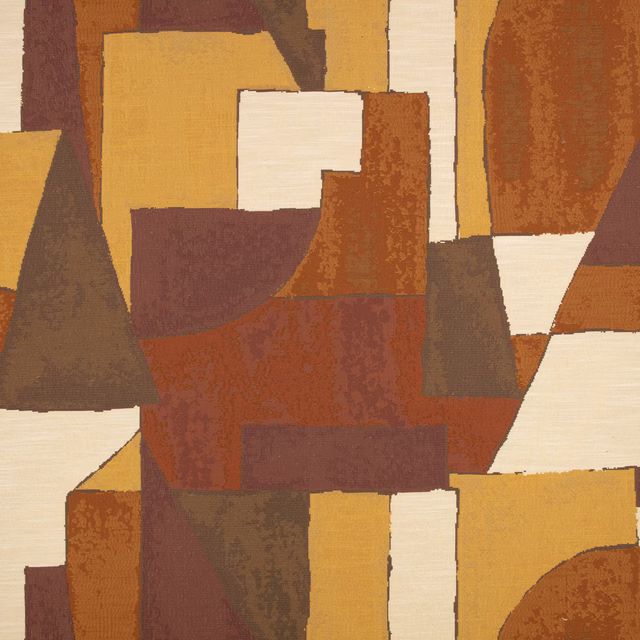 Warm ochre, rust, cream and brown geometric blocks with a textured woven surface