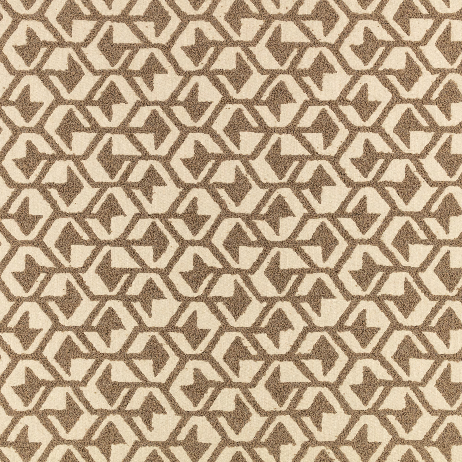 Warm taupe and ivory woven textile with interlocking angular hexagonal motifs