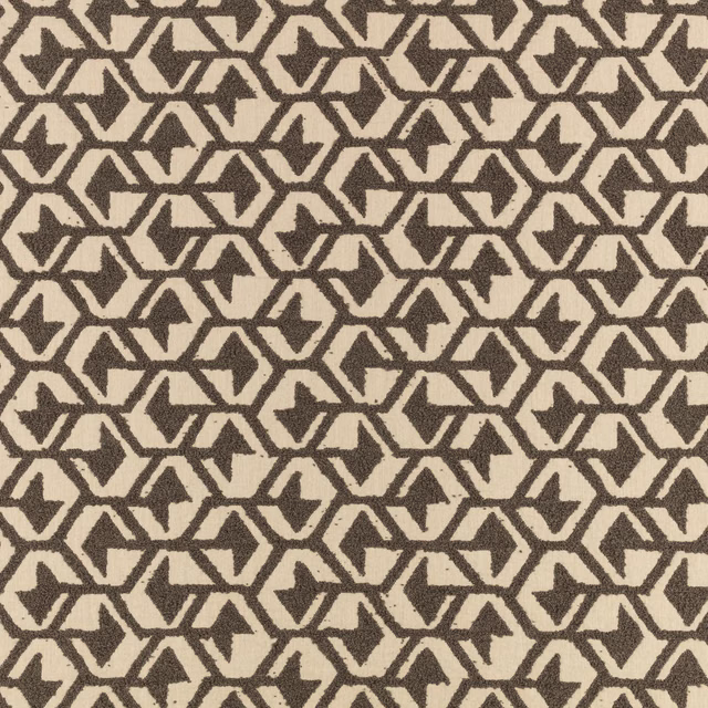 Cream woven fabric with repeating carbon-brown hexagons and angular motifs