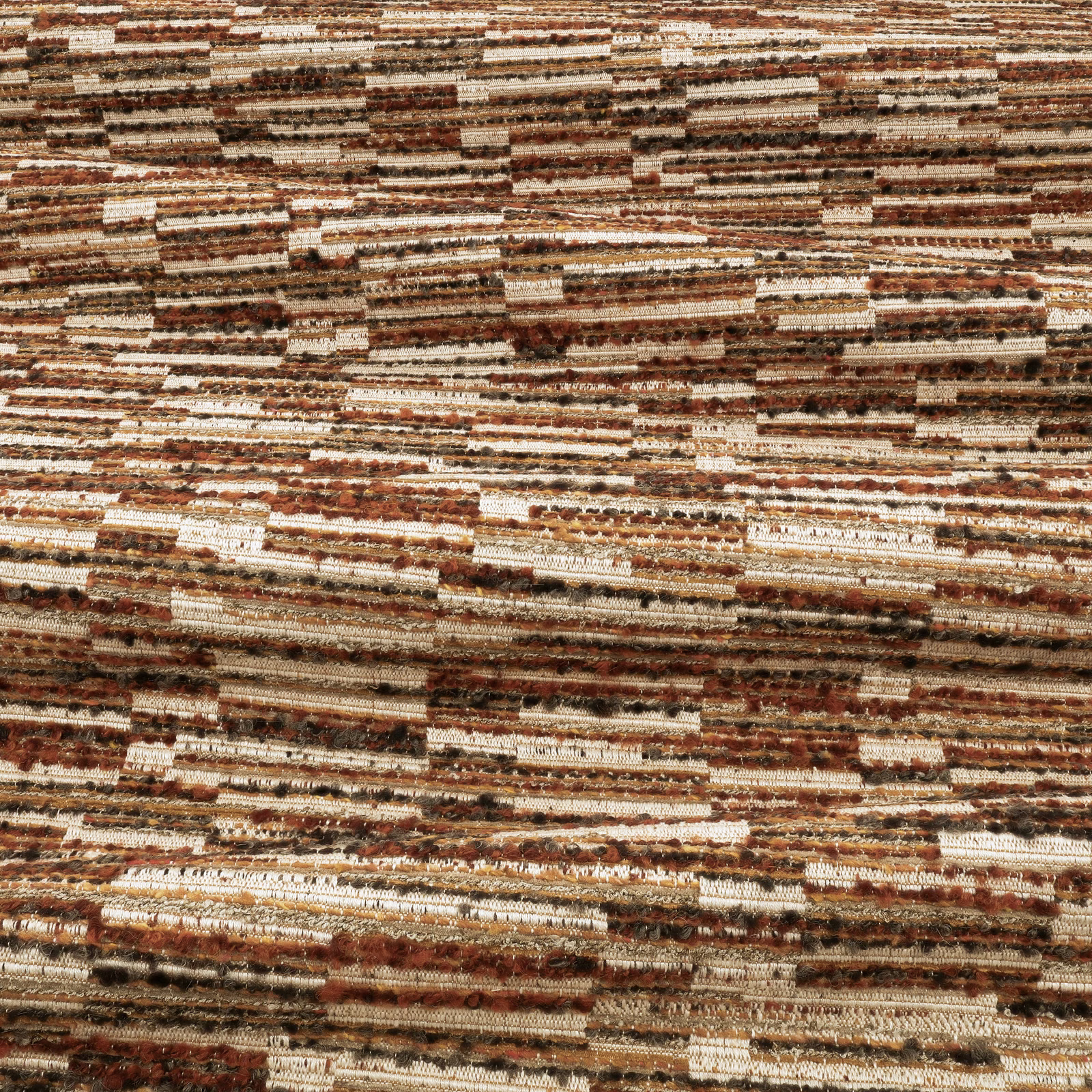 Rust, chestnut and cream broken horizontal bands in a tactile woven textile