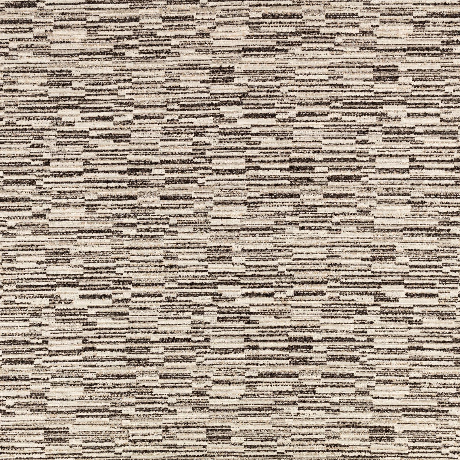 Charcoal and ivory woven textile with broken horizontal bars and flecked texture