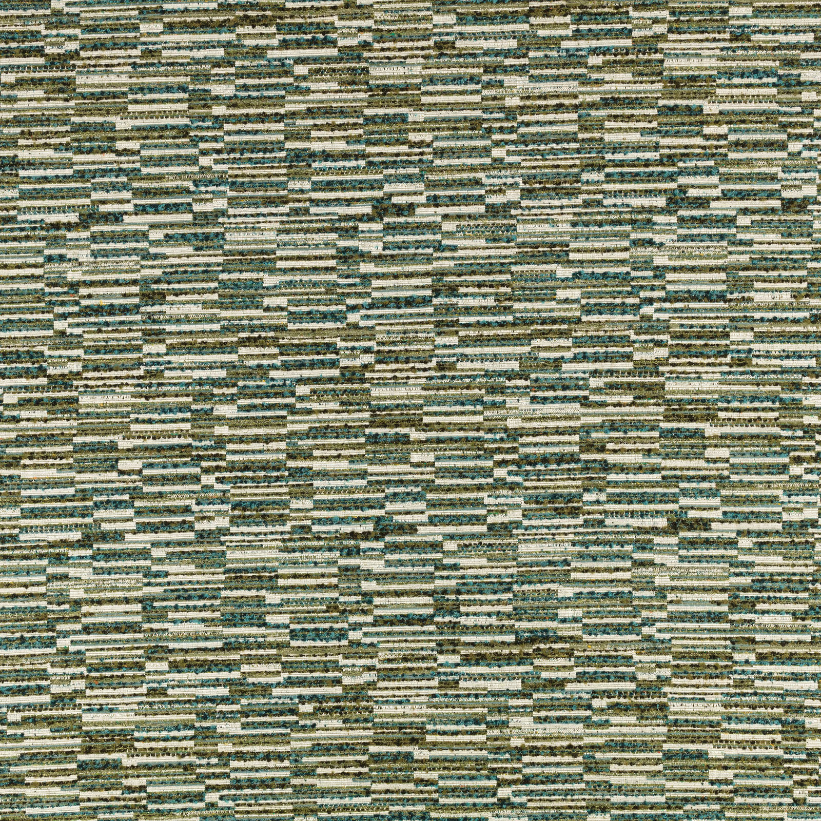 Olive, teal and cream woven fabric with irregular horizontal broken bars