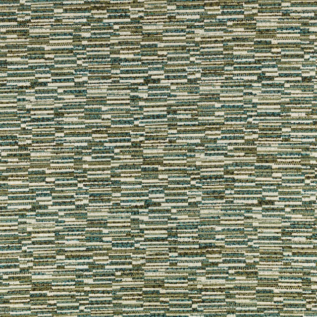 Olive, teal and cream woven fabric with irregular horizontal broken bars