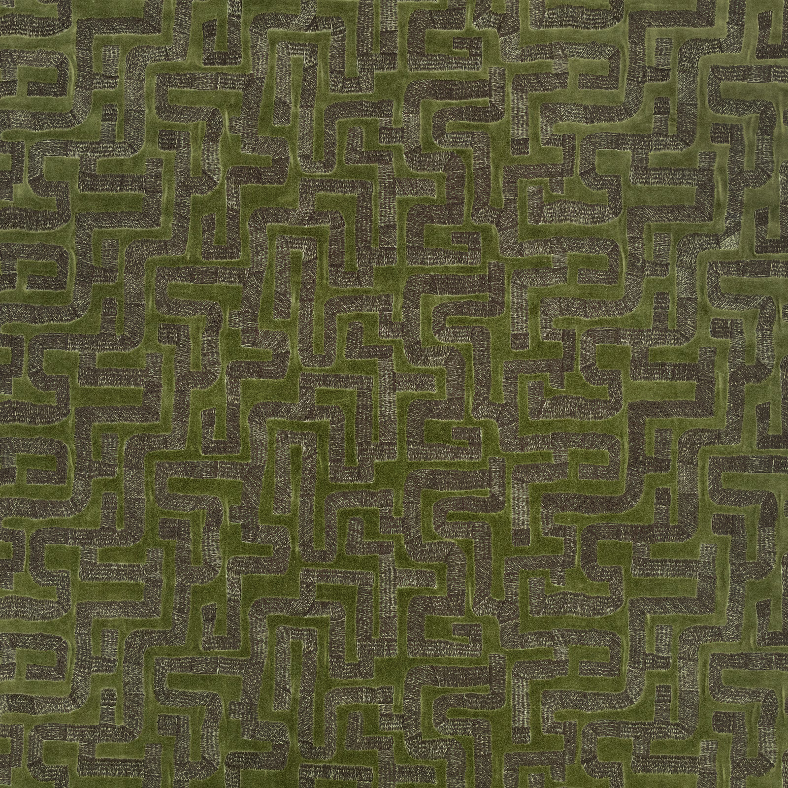 Muted olive green woven swatch with charcoal interlocking maze lines and tactile texture