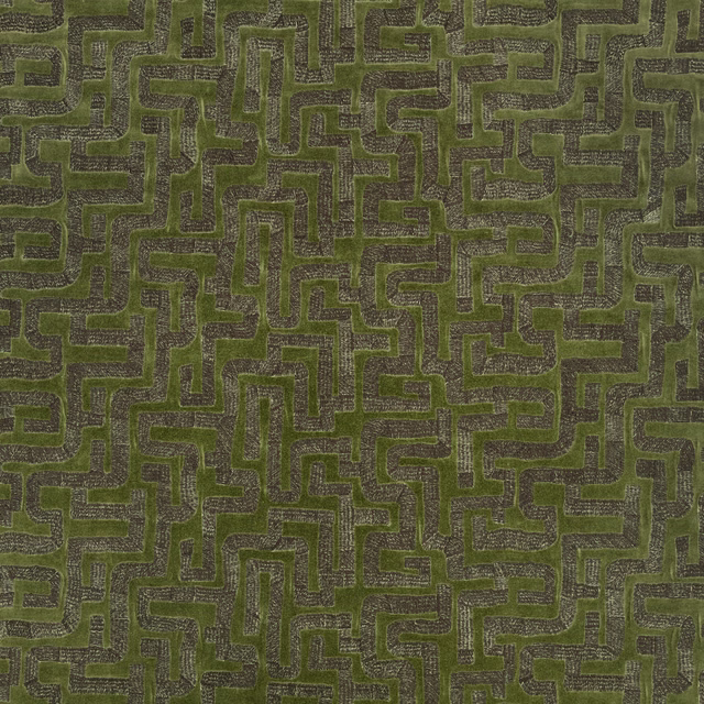 Muted olive green woven swatch with charcoal interlocking maze lines and tactile texture