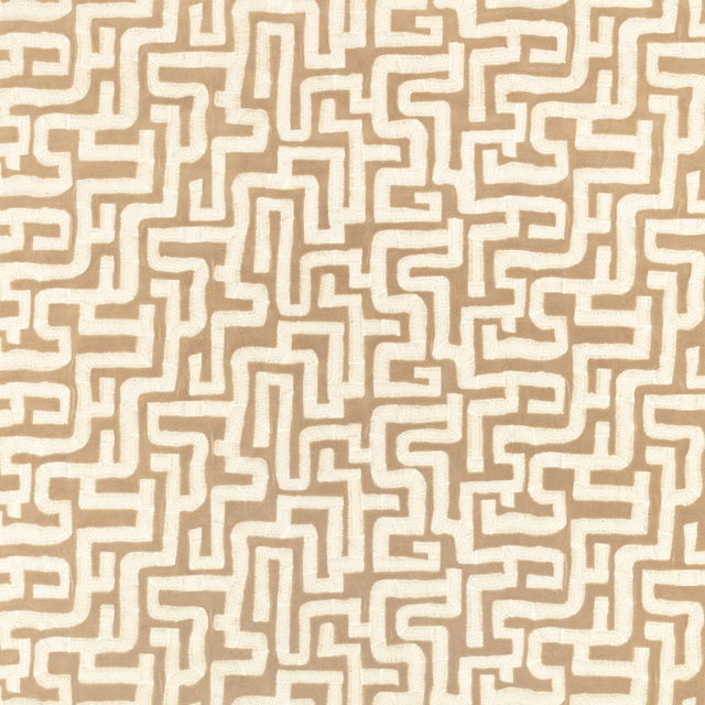 Warm taupe woven fabric with ivory interlocking maze pattern and soft texture