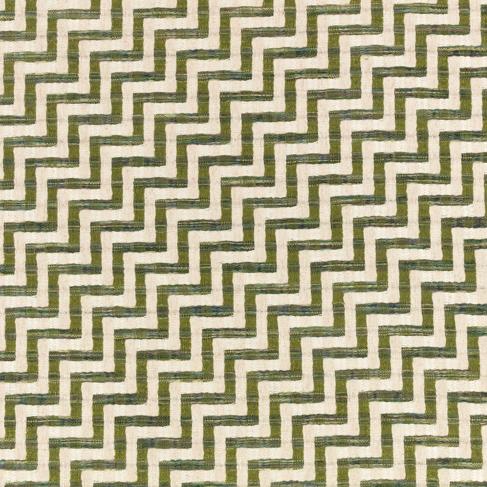 Textured cream fabric with repeating muted olive-green stepped ladder pattern