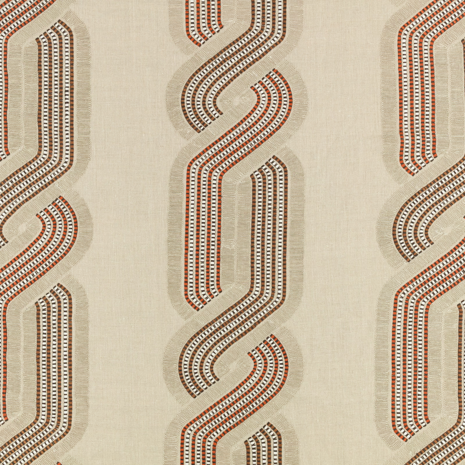 Warm cream woven fabric with rust, brown and charcoal looping geometric bands