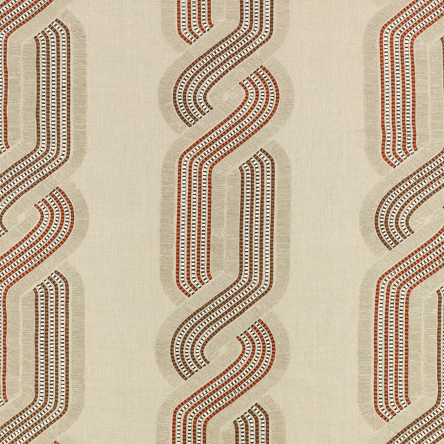 Warm cream woven fabric with rust, brown and charcoal looping geometric bands