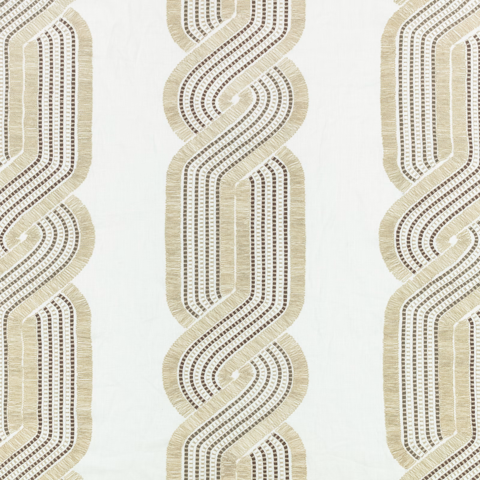 Ivory textile with natural-beige interlocking chain motifs and fine dark woven lines