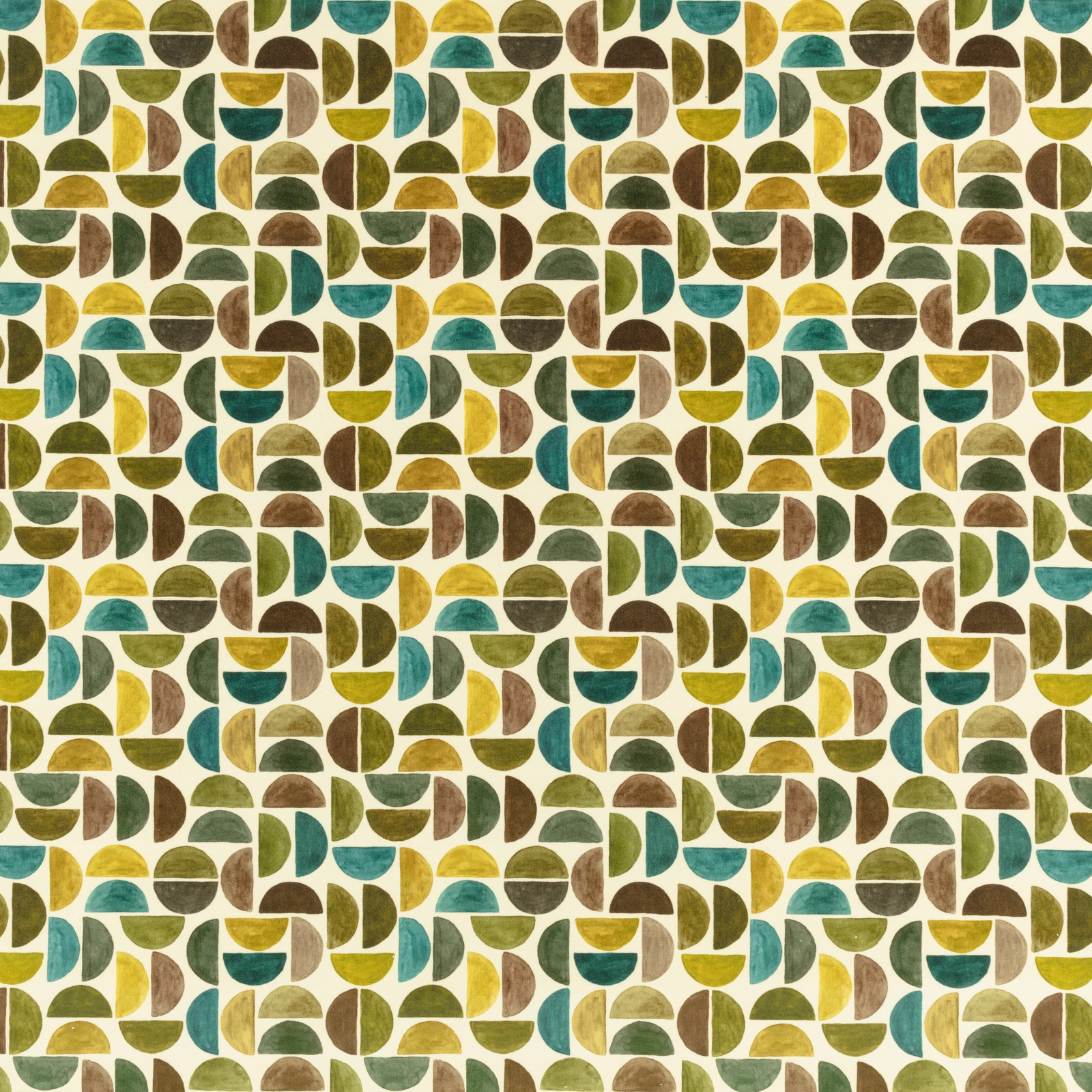 Muted teal, mustard, olive and brown semicircles on a cream ground