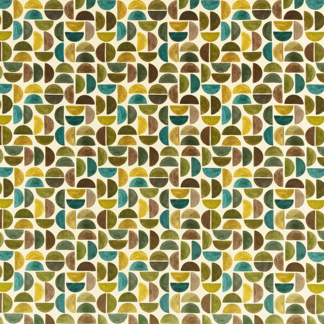 Muted teal, mustard, olive and brown semicircles on a cream ground