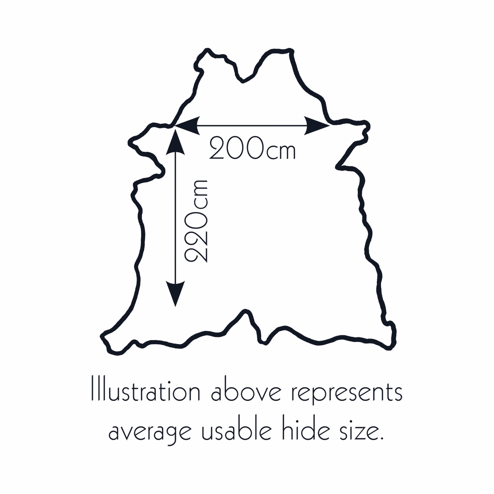 Monochrome hide outline showing 200cm width and 220cm average usable height