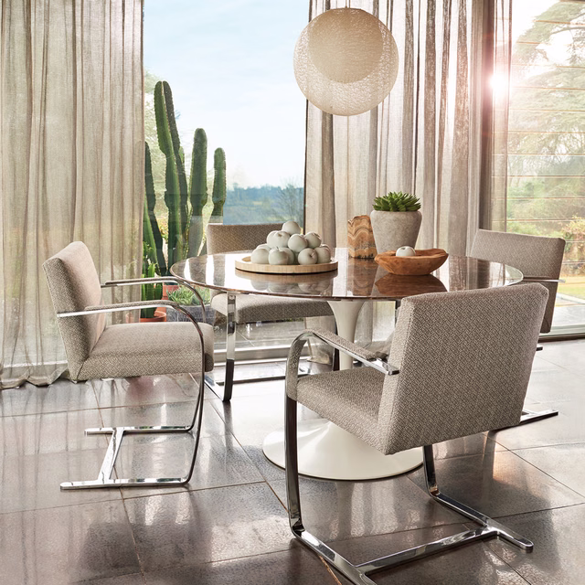 Cool silver-grey fine crosshatch weave on a structured dining chair