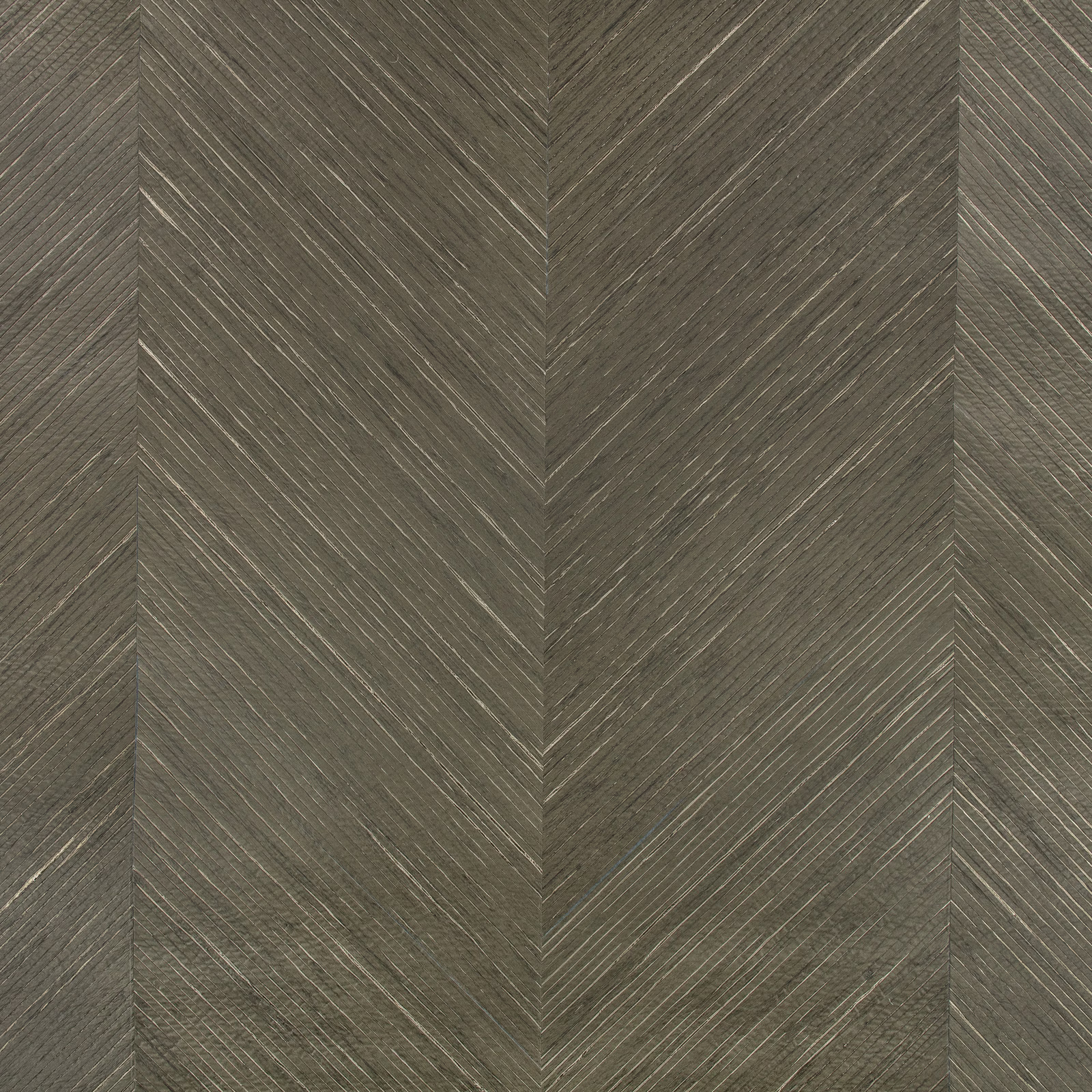 Smoky olive-grey wallpaper with fine chevron lines and a dry directional texture
