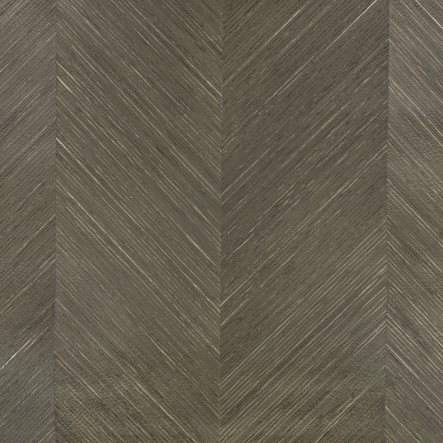 Smoky olive-grey wallpaper with fine chevron lines and a dry directional texture