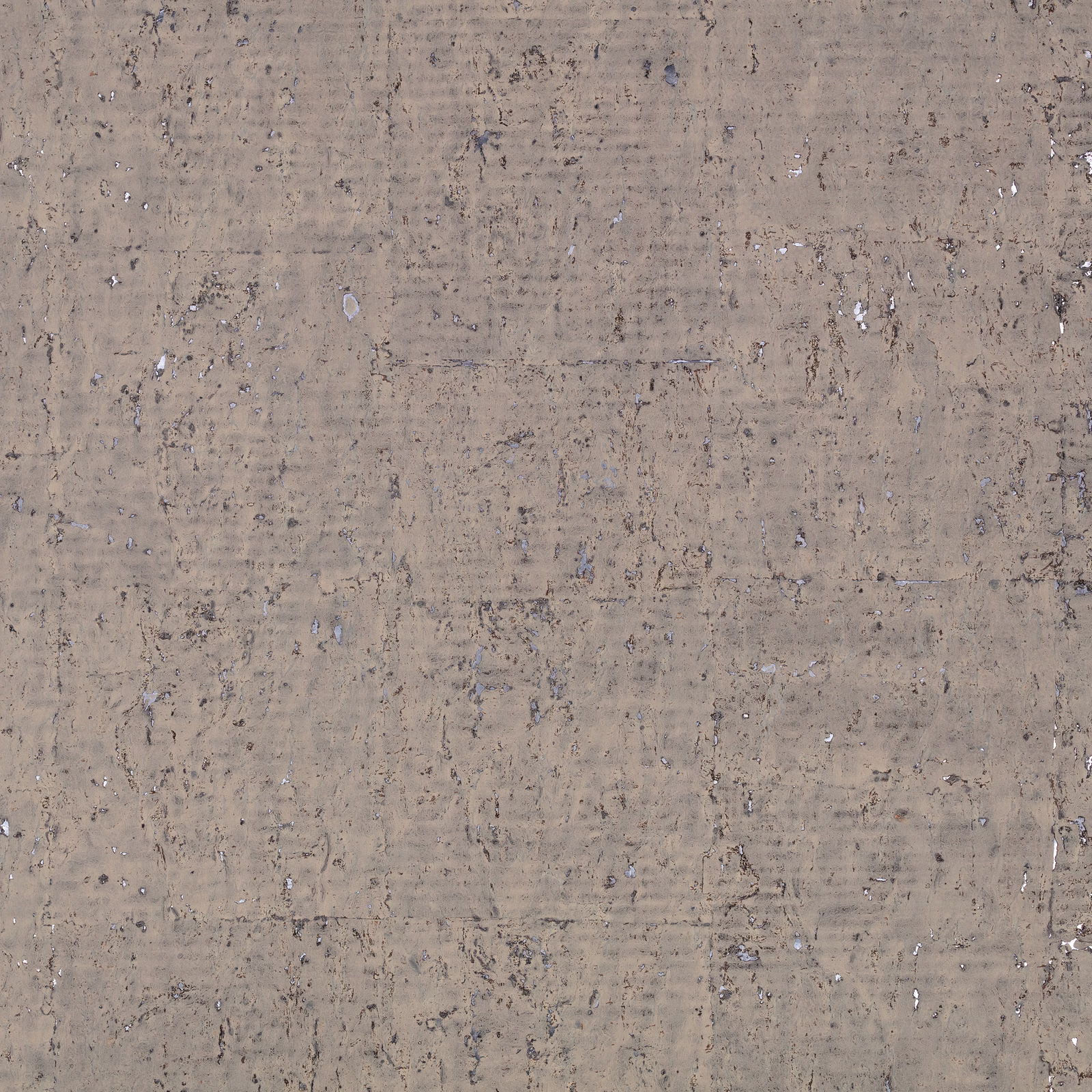 Smoky taupe-grey mineral wallpaper with mottled marks and scattered silver foil-like flecks